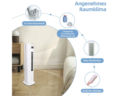 Ventilator turn cu rezervor de apă de 4,5 litri, două pachete de răcire și filtru detașabil pentru curățare ușoară