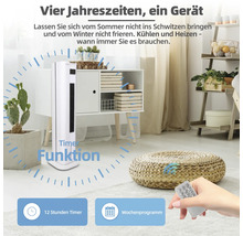 Scenă de cameră cu ventilator turn alb cu funcție de temporizare și program săptămânal