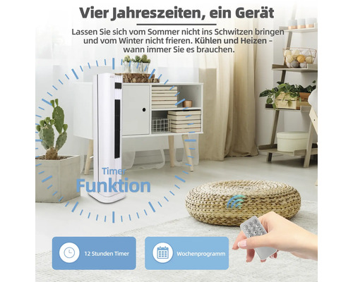 Scenă de cameră cu ventilator turn alb cu funcție de temporizare și program săptămânal