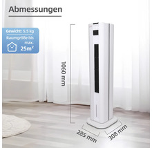 Dimensiunile unui ventilator turn alb cu o înălțime de 1060 milimetri, o lățime de 285 milimetri și o adâncime de 308 milimetri