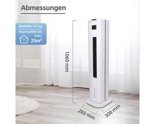Dimensiunile unui ventilator turn alb cu o înălțime de 1060 milimetri, o lățime de 285 milimetri și o adâncime de 308 milimetri
