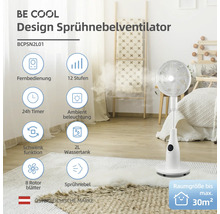 Ventilator cu pulverizare design cu telecomandă, 12 trepte, temporizator 24 de ore, iluminare ambientală, funcție de pivotare, rezervor de apă de 2 litri și 8 pale de rotor pentru încăperi de până la maximum 30 de metri pătrați