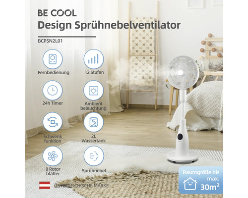 Ventilator cu pulverizare design cu telecomandă, 12 trepte, temporizator 24 de ore, iluminare ambientală, funcție de pivotare, rezervor de apă de 2 litri și 8 pale de rotor pentru încăperi de până la maximum 30 de metri pătrați