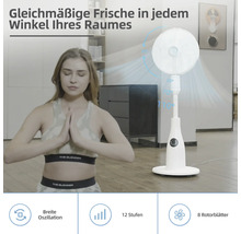 Scenă cu o femeie care face yoga și un ventilator alb cu setare de oscilație și 12 viteze