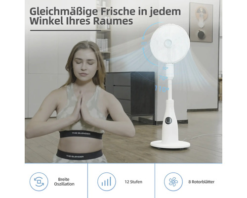 Scenă cu o femeie care face yoga și un ventilator alb cu setare de oscilație și 12 viteze