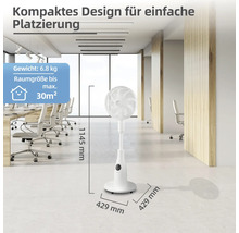 Ventilator alb într-un birou cu dimensiunile de 1145 mm înălțime și 429 mm lățime.