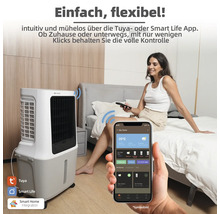 Scenă a unei camere cu o femeie pe un pat, un răcitor de aer și un smartphone cu o aplicație pentru casă inteligentă