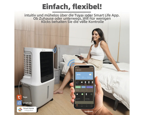 Scenă a unei camere cu o femeie pe un pat, un răcitor de aer și un smartphone cu o aplicație pentru casă inteligentă
