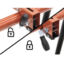 Capră de tăiat lemne cu mecanism de blocare în stare deschisă și închisă