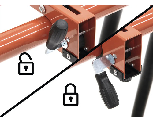 Capră de tăiat lemne cu mecanism de blocare în stare deschisă și închisă