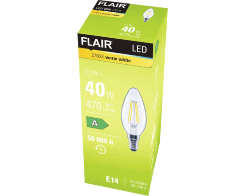 Ambalaj pentru un bec LED Flair C35/E14 cu alb cald de 2700 Kelvin