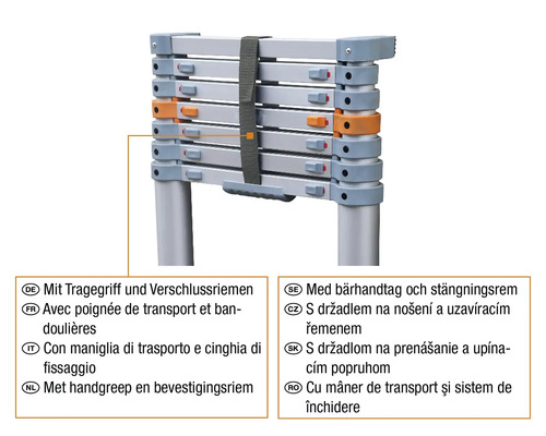 Scară telescopică în poziție retrasă cu mâner de transport și sistem de închidere
