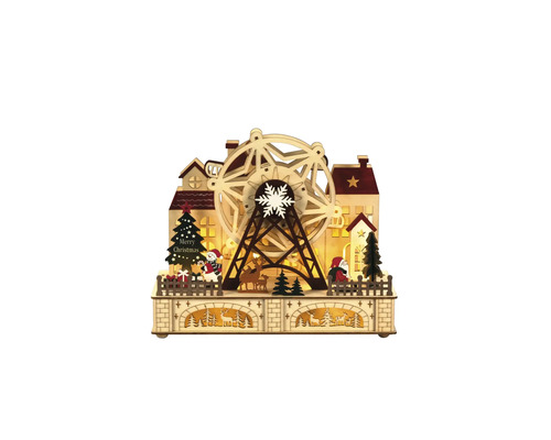 Oraș decorativ de Crăciun din lemn cu roată Ferris și iluminare