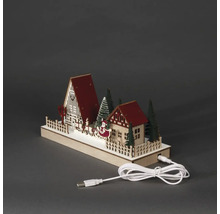 Decorațiune de Crăciun din lemn cu iluminare LED, formată din case, copaci și Moș Crăciun în sanie cu cablu USB