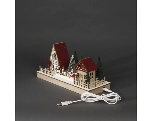 Decorațiune de Crăciun din lemn cu iluminare LED, formată din case, copaci și Moș Crăciun în sanie cu cablu USB