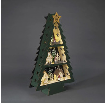 Brad de Crăciun decorativ din lemn cu case și stele iluminate