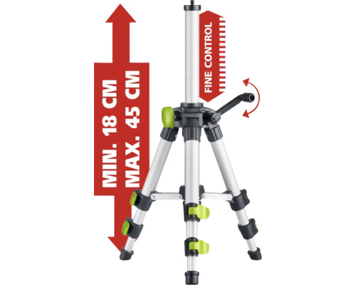 Stativ cu o înălțime minimă de 18 centimetri și o înălțime maximă de 45 centimetri
