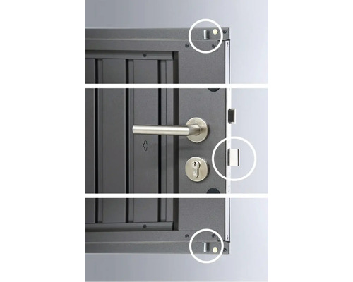 Prim-plan cu o ușă cu mâner, încuietoare și puncte de blocare