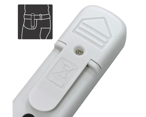 Partea din spate a unui dispozitiv de măsură cu compartiment pentru baterii, clips de curea și simbol pentru eliminarea corectă