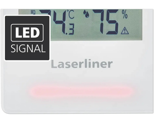 Siglă Laserliner. Afișarea temperaturii și umidității cu semnal LED.