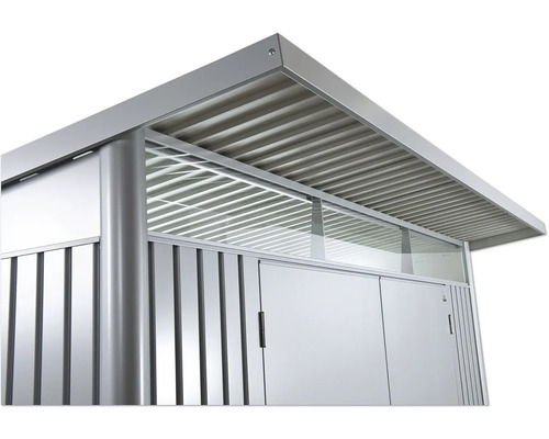 Imagine detaliată cu o magazie metalică de grădină cu acoperiș lamelar