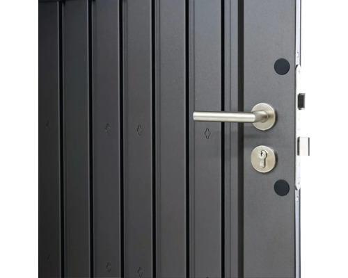 Prim-plan cu o ușă de siguranță gri, cu mâner și încuietoare