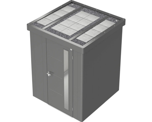 Magazie metalică de grădină cu acoperiș plat, ușă și luminator