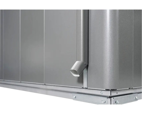 Imagine detaliată cu o magazie metalică de grădină cu jgheab