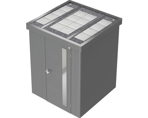 Depozit de grădină gri cu acoperiș plat, acoperiș verde și ușă cu fereastră