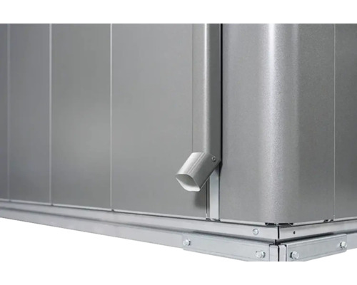 Imagine detaliată cu o magazie metalică de grădină cu jgheab