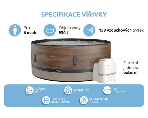 Jacuzzi gonflabil pentru șase persoane cu unitate de filtrare externă și 138 de jeturi de aer