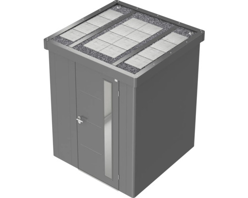 Magazie de grădină metalică cu acoperiș plat, acoperiș verde și ușă