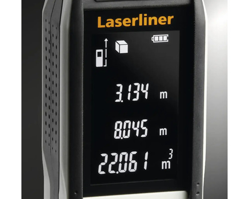 Sigla Laserliner. Prim-plan al unui telemetru laser cu afișaj digital al rezultatelor măsurătorilor.