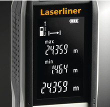 Logo Laserliner. Prim-plan al unui telemetru laser cu afișaj digital al datelor de distanță.