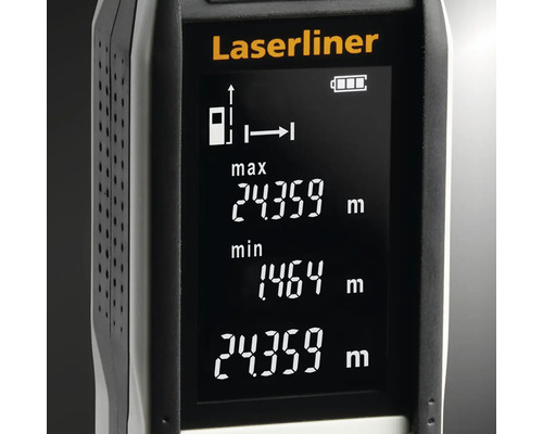 Logo Laserliner. Prim-plan al unui telemetru laser cu afișaj digital al datelor de distanță.