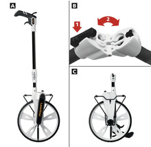 Telemetru cu roată în diferite vederi: poziție de utilizare, detaliu al comenzii și pliat.