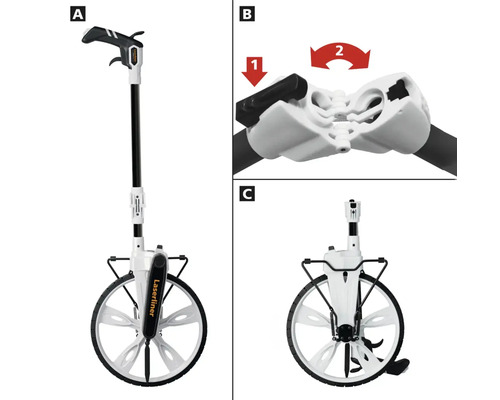 Telemetru cu roată în diferite vederi: poziție de utilizare, detaliu al comenzii și pliat.