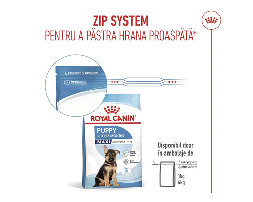 Royal Canin Puppy Maxi hrană pentru căței în sac cu sistem de închidere cu fermoar pentru păstrarea prospețimii