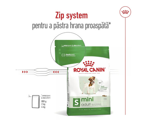 Hrană pentru câini Royal Canin Mini Adult cu sistem de închidere cu fermoar pentru a păstra hrana proaspătă