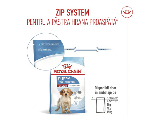Hrană pentru căței Royal Canin Puppy Medium pentru căței de la două la douăsprezece luni cu sistem de închidere cu fermoar pentru a menține hrana proaspătă, disponibilă în ambalaje de unu, patru și cincisprezece kilograme
