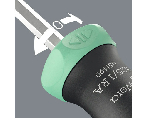 Vizualizare detaliată a unei șurubelnițe cu funcție de clichet și marcaj cu săgeată