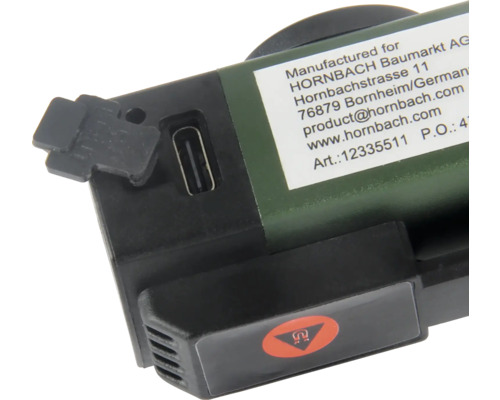 Vizualizare detaliată a unei lămpi cu port USB și simbol de avertizare