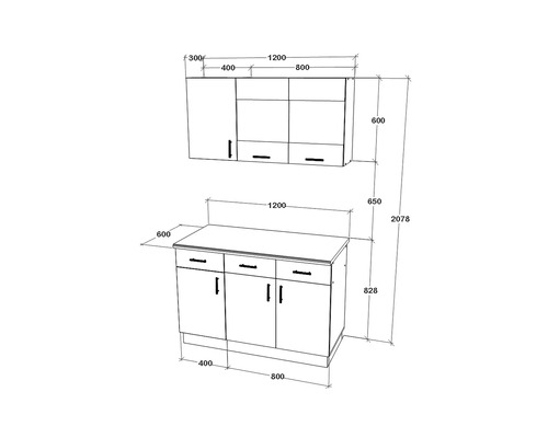 Desen tehnic al unui corp de bucătărie cu dimensiuni.