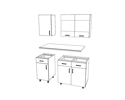 Schiță a unui corp de bucătărie cu dulapuri inferioare, blat și dulapuri superioare