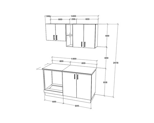 Schiță a unui corp de bucătărie cu dimensiuni pentru planificare