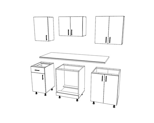 Set mobilier de bucătărie cu corpuri suspendate și inferioare plus blat de lucru
