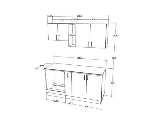 Schiță a unui corp de bucătărie cu dimensiuni