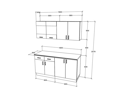 Desen tehnic al unui corp de bucătărie cu dimensiuni