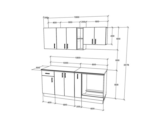 Plan de bucătărie cu dimensiunile dulapurilor superioare și inferioare
