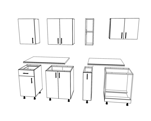 Imagine cu mobilier de bucătărie cu dulapuri suspendate și inferioare și blaturi